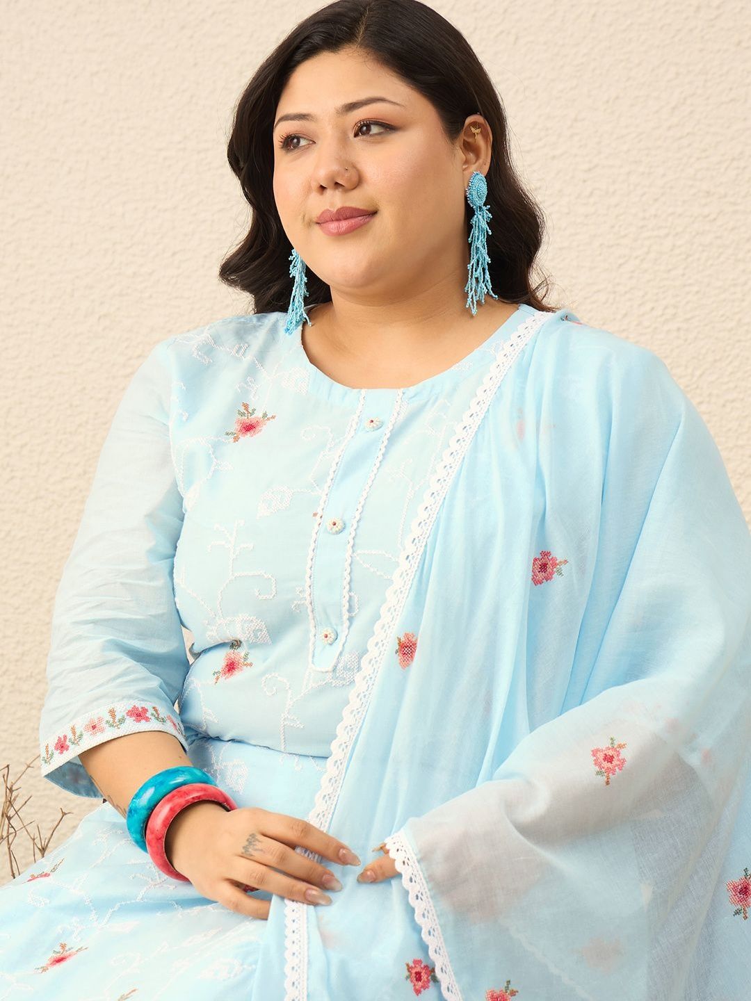 Indyancart Women's Floral Embroidered Regular Thread Work Pure Cotton Kurta with Trousers & With Dupatta