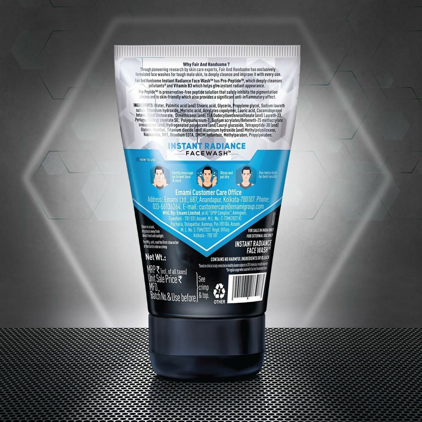 Emami Fair and Handsome Instant Radiance Face Wash with Pro-Peptides, showing the tube and product details.