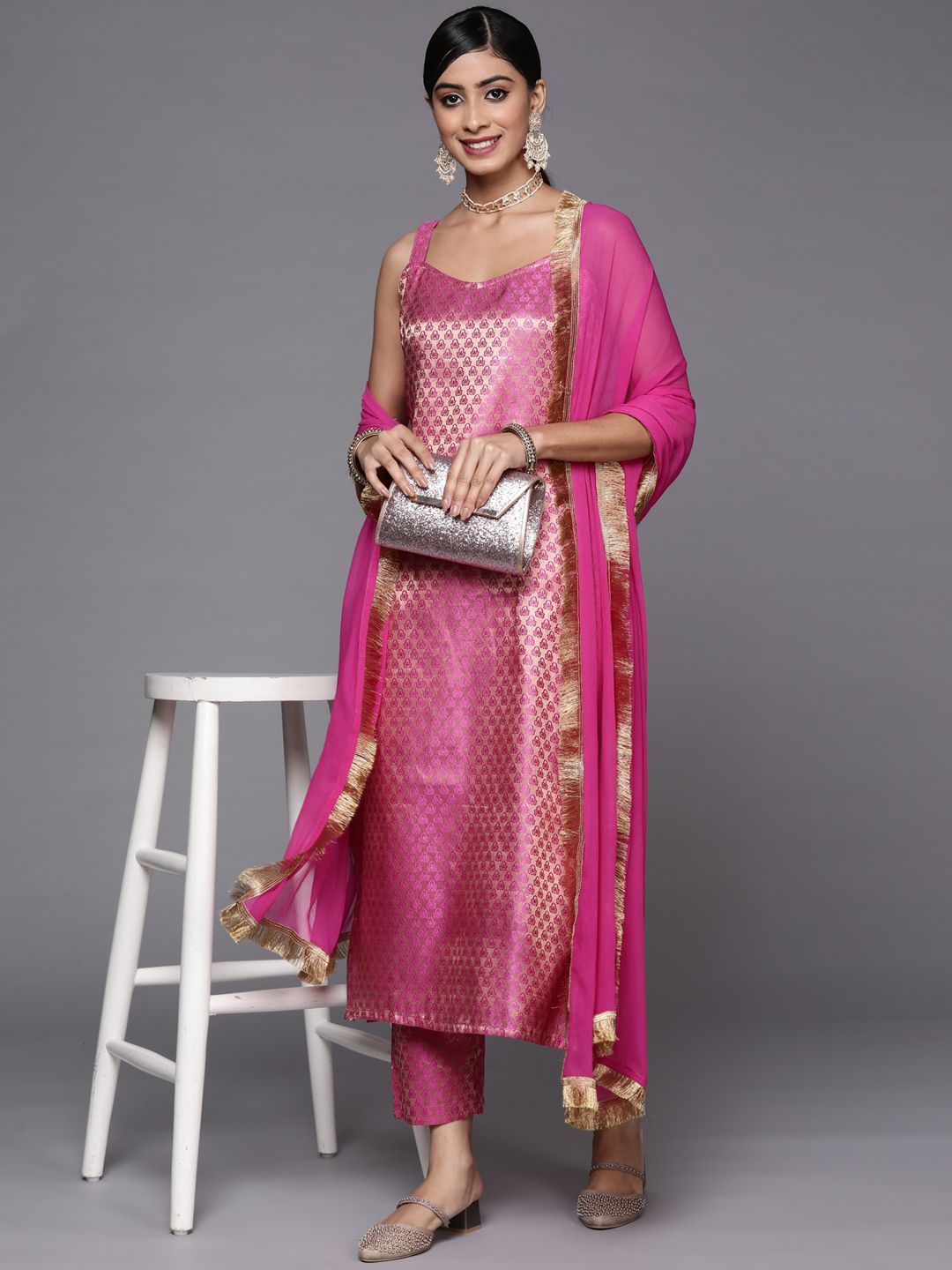 Indyancart VA Women's Fuchsia Kurta with Trousers & With Dupatta