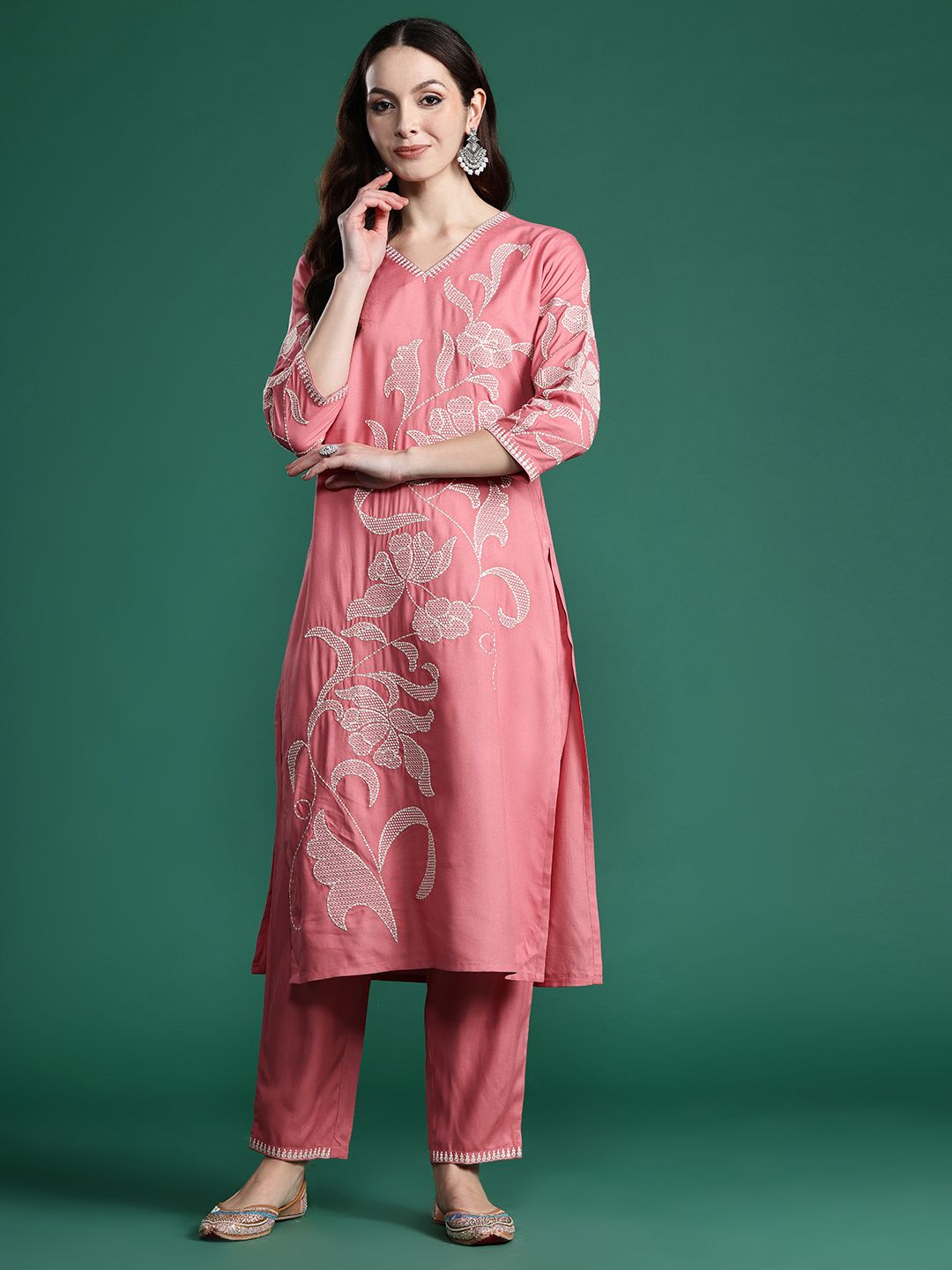 Indyancart IE Floral Embroidered Sequinned Pure Cotton Kurta with Trousers