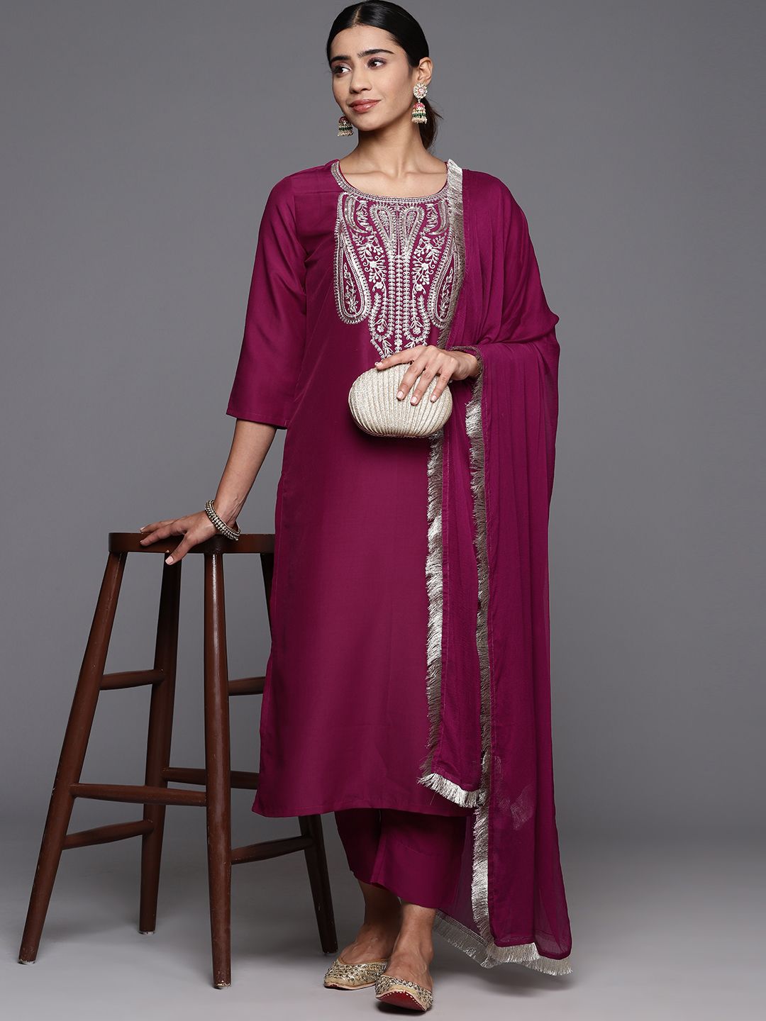 Indyancart VA Women'sPaisley Zzari Embroidered Regular Kurta with Trousers & Dupatta