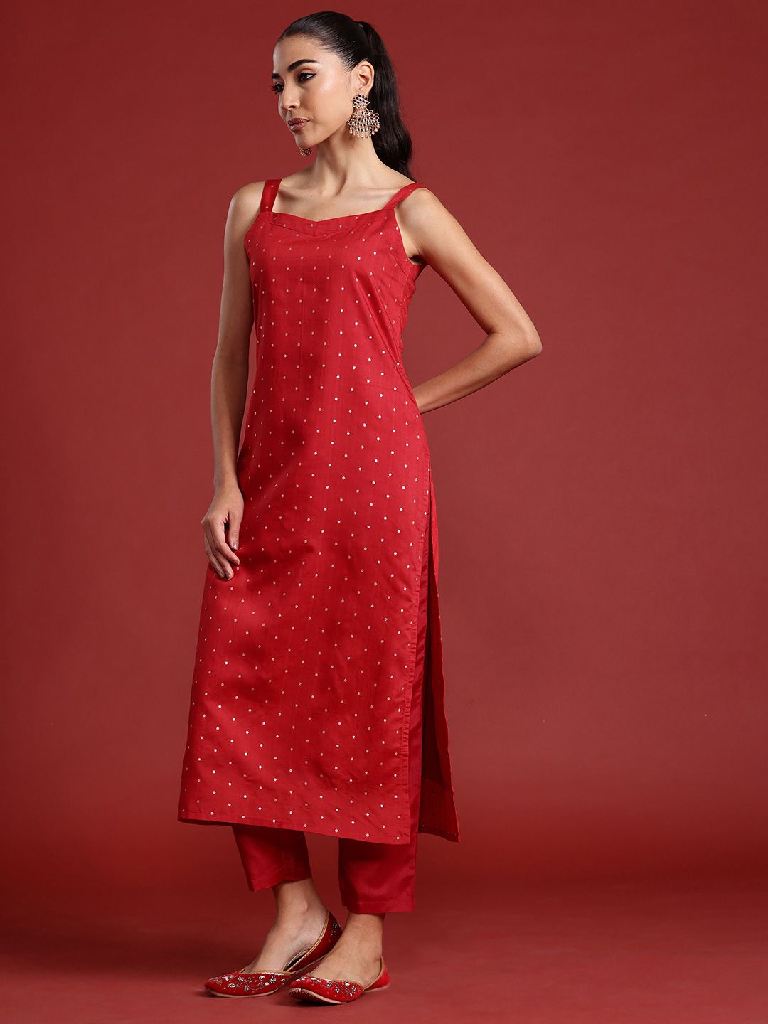 Indyancart IE Zari Chanderi Silk Kurta With Trousers & Dupatta