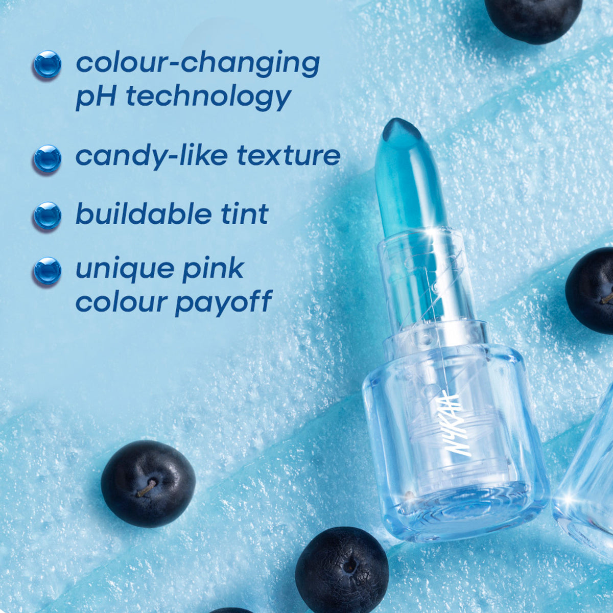 Nykaa Cosmetics Lolli Lips pH Colour Changing Lip Tint in Blueberry Twist, showing vibrant blue lipstick on model's lips.