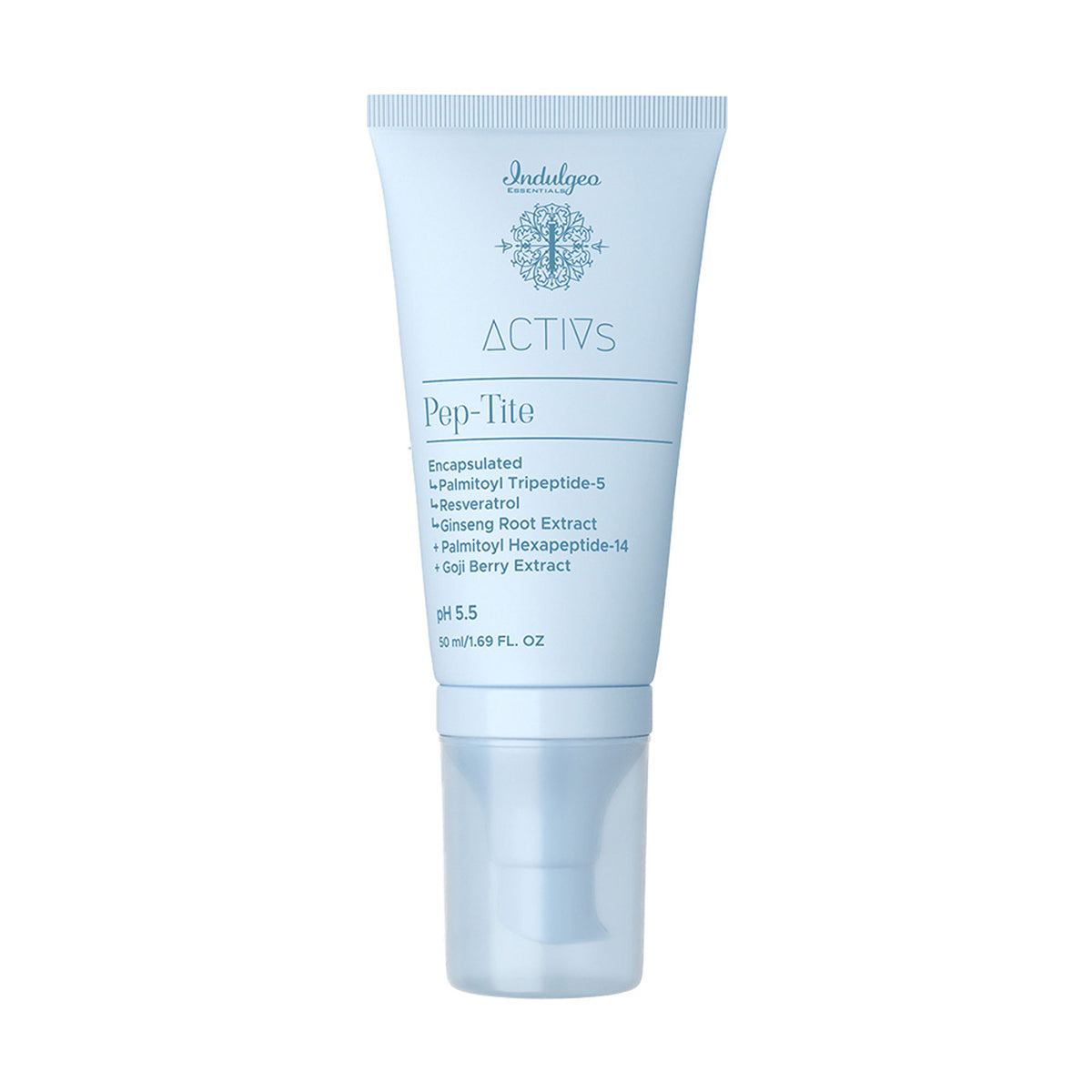 Indulgeo Essentials Pep-Tite peptide skin firming moisturizer for wrinkles, fine lines, and crow’s feet on a clean skincare product bottle.