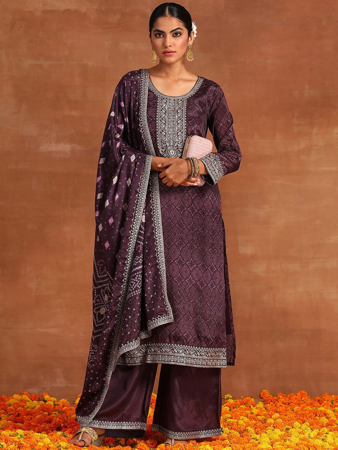 Indyancart IE Floral Embroidered Regular Sequinned Kurta With Trousers & Dupatta