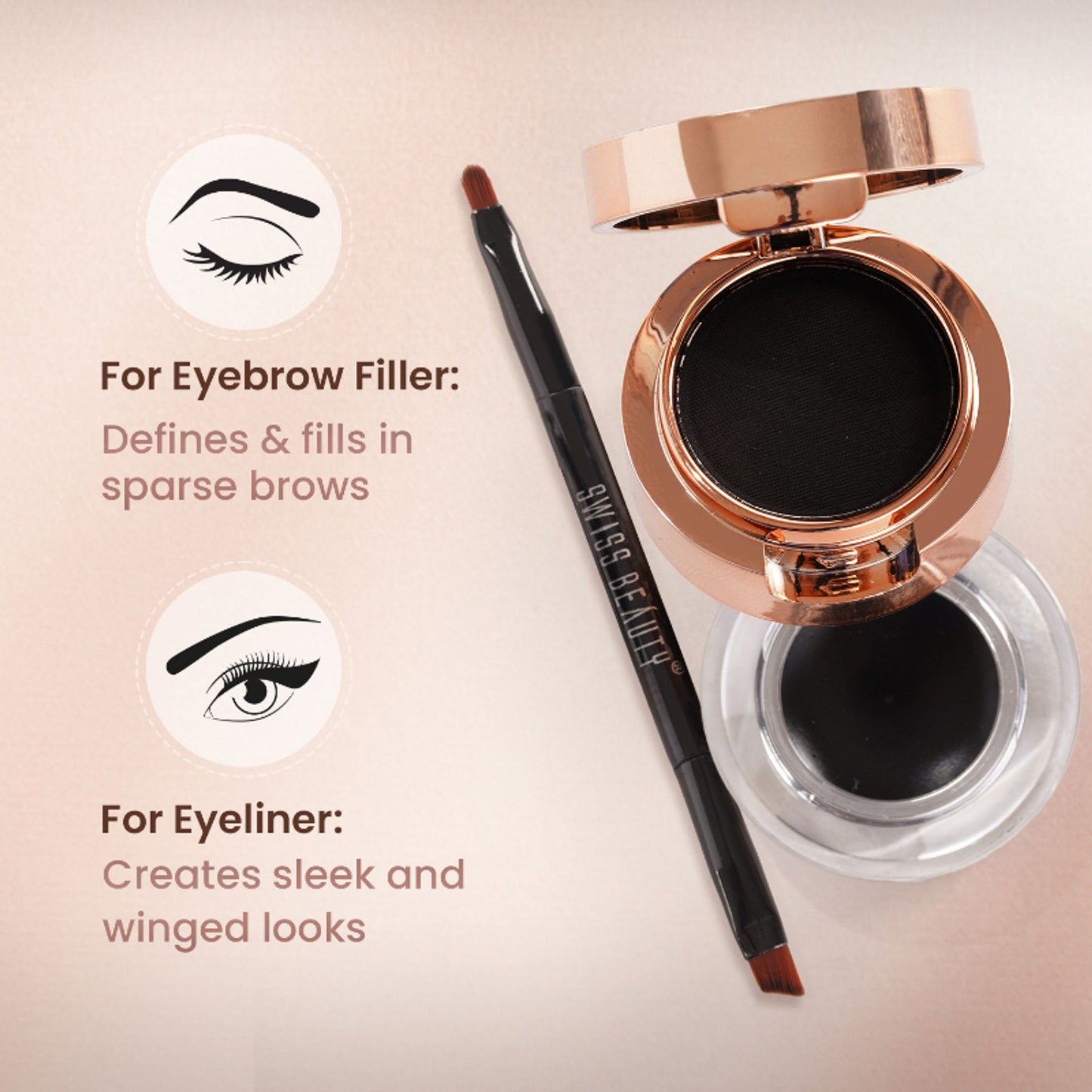 Swiss Beauty 3 In 1 Eyeliner, Eyebrow Filler and Kajal , 24-Hour Stay ,Waterproof - 02 Brown