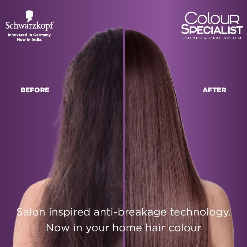 Schwarzkopf Colour Specialist permanent hair color in 4.54 Medium Hazelnut Brown, showing a rich, natural brown shade.