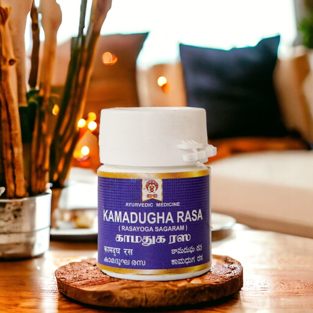 Impcops Kamadugha Rasa Ayurvedic supplement in a glass jar with herbal ingredients and traditional packaging.