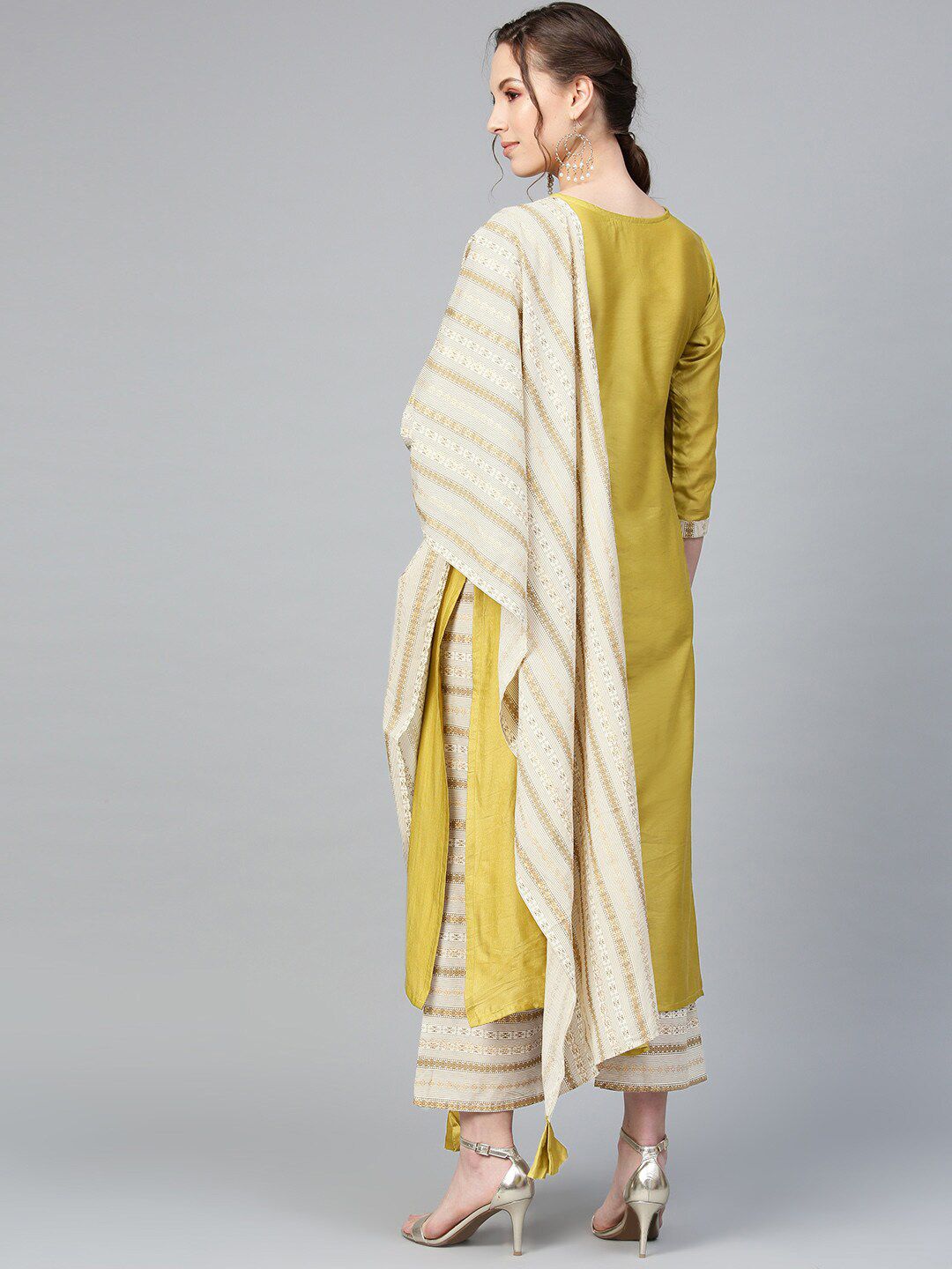 Dhiyona IE Women Olive Green & Off White Straight Keyhole Neck Kurta with Palazzos & Dupatta