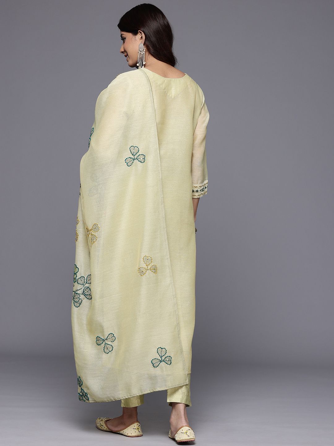 Dhiyona VA Women's Floral Embroidered Thread Work Chanderi Cotton Kurta with Trousers & Dupatta