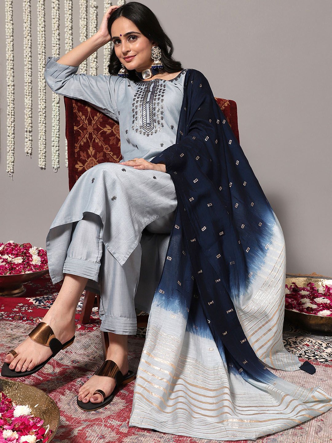 Indyancart VA Women's Sequinned Kurta with Trousers & With Dupatta