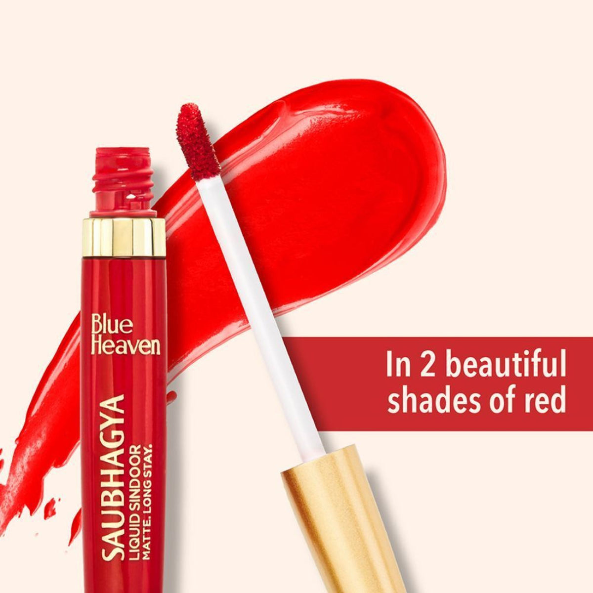 Blue Heaven Saubhagya Sindoor in vibrant red, shown in a sleek blue container, for traditional Indian bridal adornment.