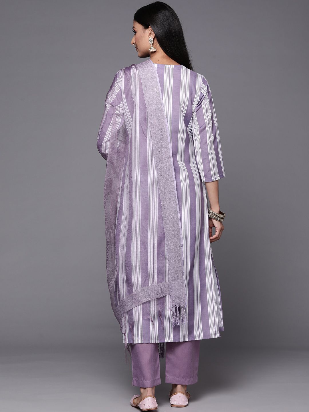 Indyancart VA Women's Lavender & White Embroidered Kurta with Trousers & Dupatta