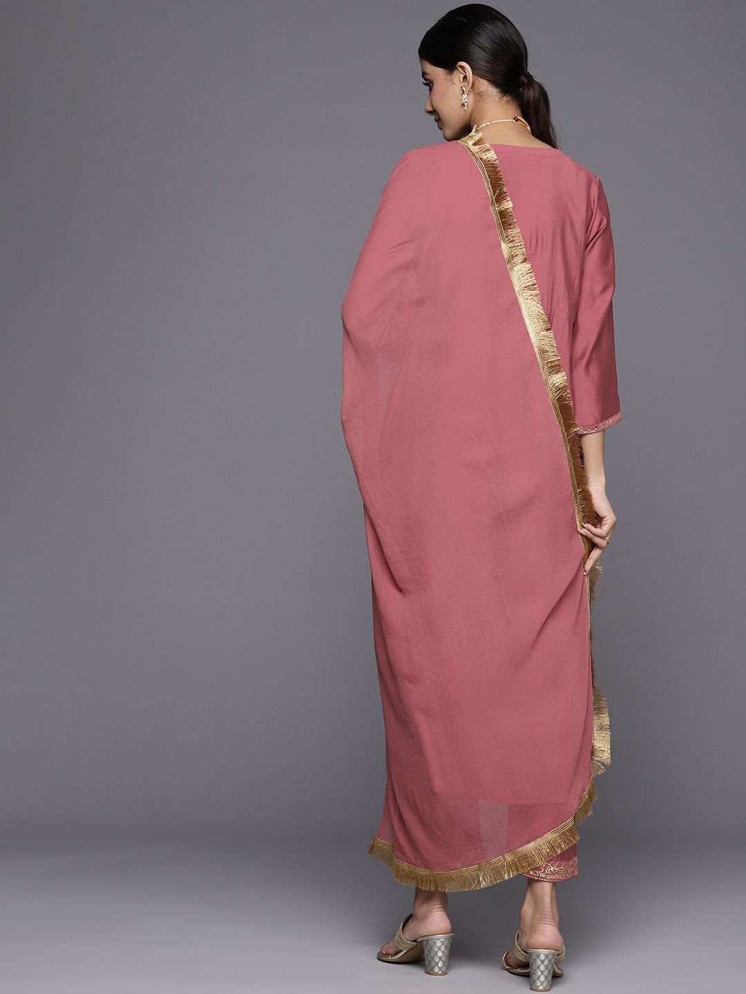 Indyancart VA Women's Floral Embroidered Empire Sequinned Kurta With Trousers & Dupatta