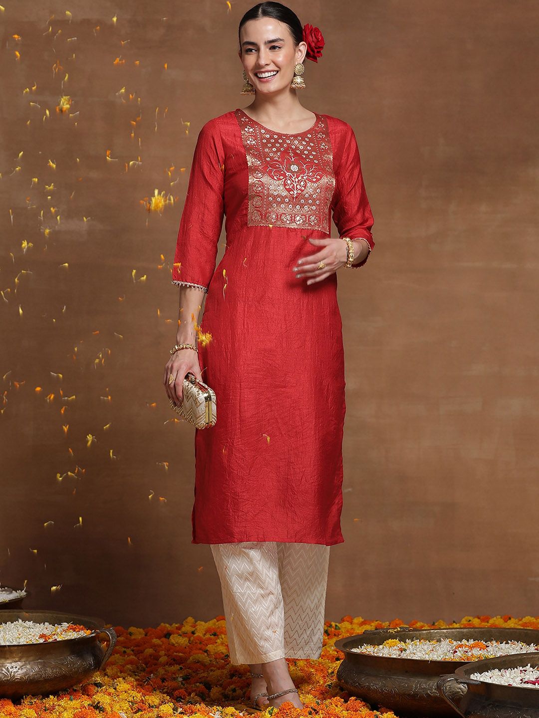 Indyancart IE Pack of 2 Ethnic Motifs Embroidered Straight Kurta