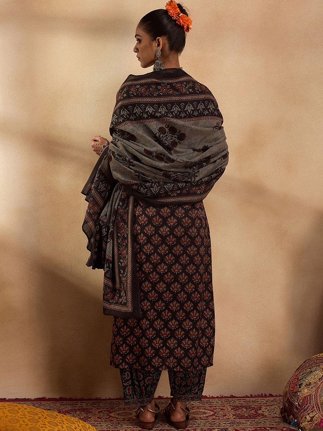 Indyancart IE Ethnic Motifs Printed Pure Cotton Straight Kurta with Salwar & Dupatta