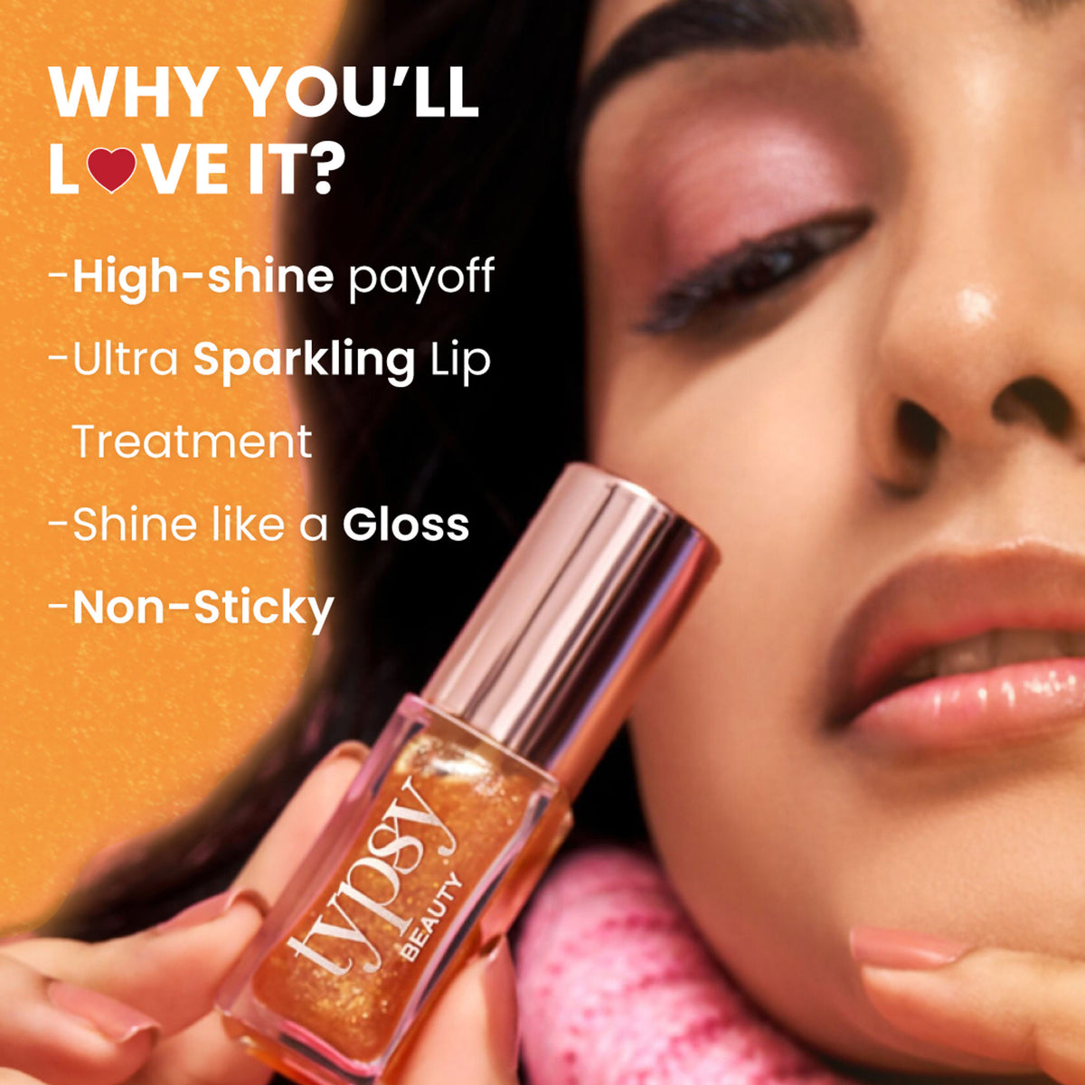 Typsy Beauty Hi Honey! SPF 25 Lip Oil in a clear tube with a honey-colored lip gloss inside, designed to moisturize and protect lips.