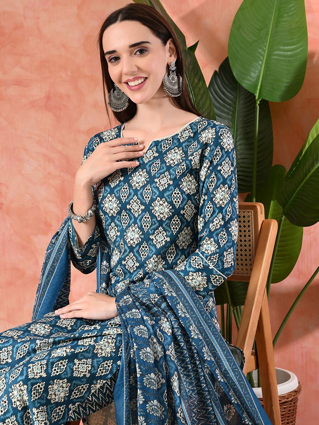 Indyancart SN Women's Printed A-Line Kurta With Trousers & Dupatta