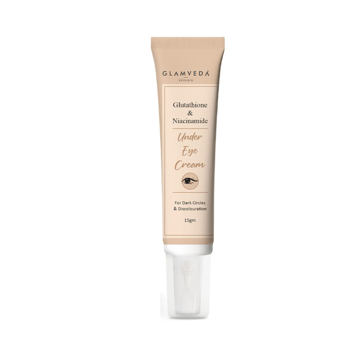 Glamveda Glutathione and Niacinamide Under Eye Cream jar with product label and applicator in a clean setting.