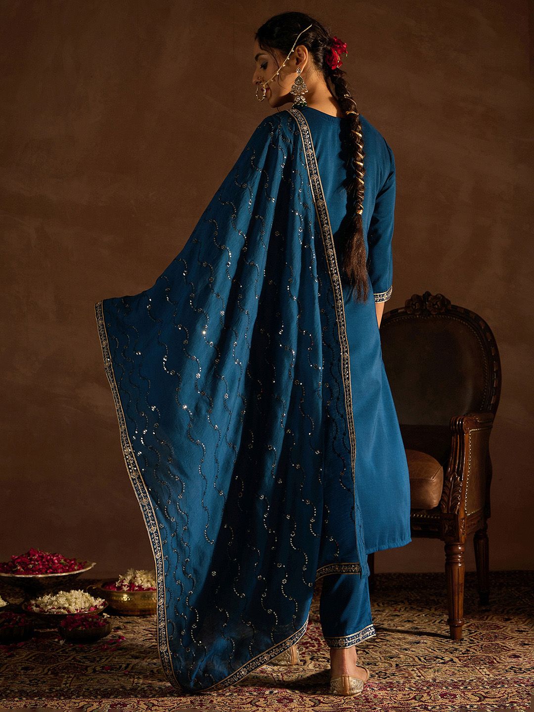 Indyancart IE Teal Ethnic Motifs Embroidered Regular Kurta with Trousers & Dupatta
