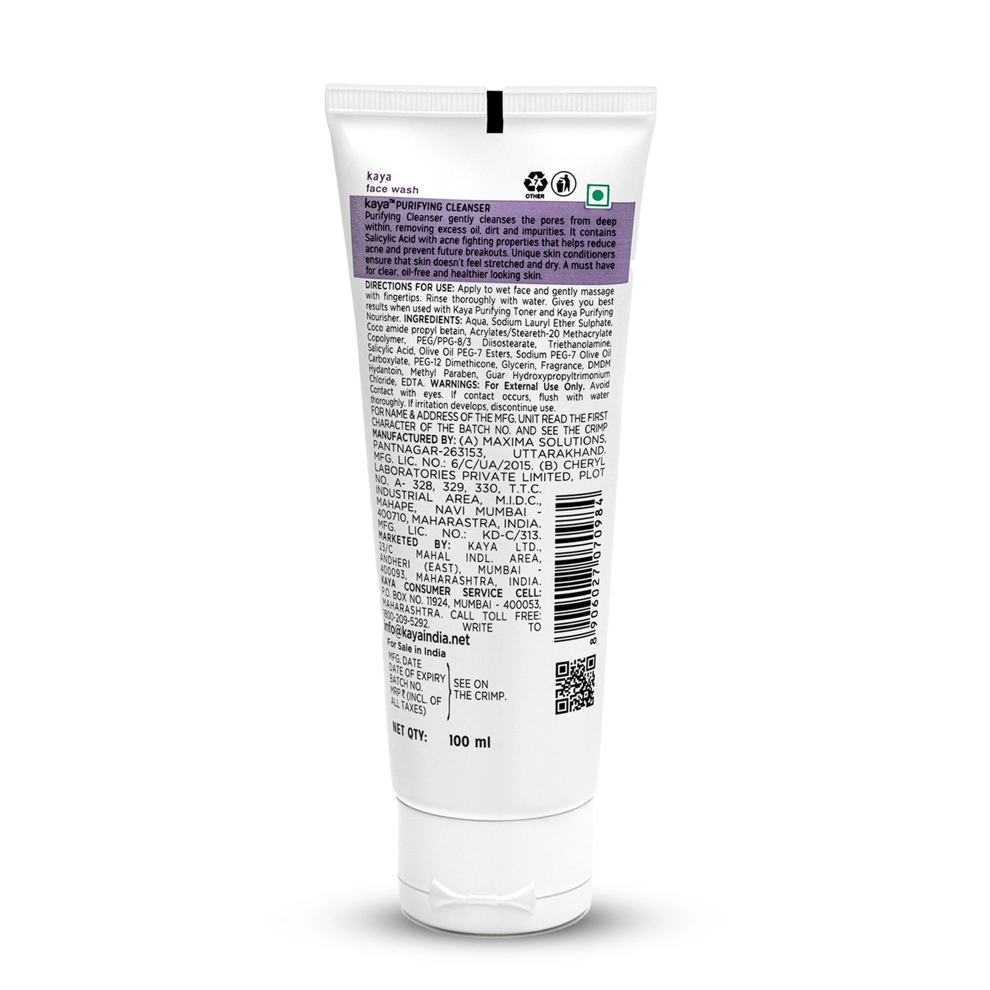 Kaya Acne Care Purifying Cleanser Salicylic Acid Face Wash Reduces Acne & Pimples for Pimple Prone Skin Face Wash for Oily Skin, 100ml