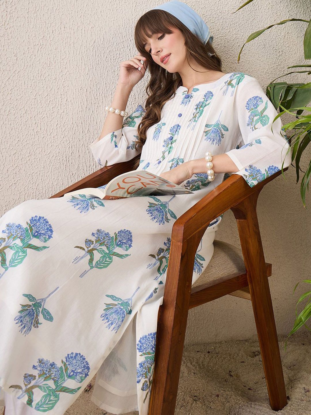 Indyancart IE Floral Printed Round Neck Pure Cotton A-Line Kurta With Trouser