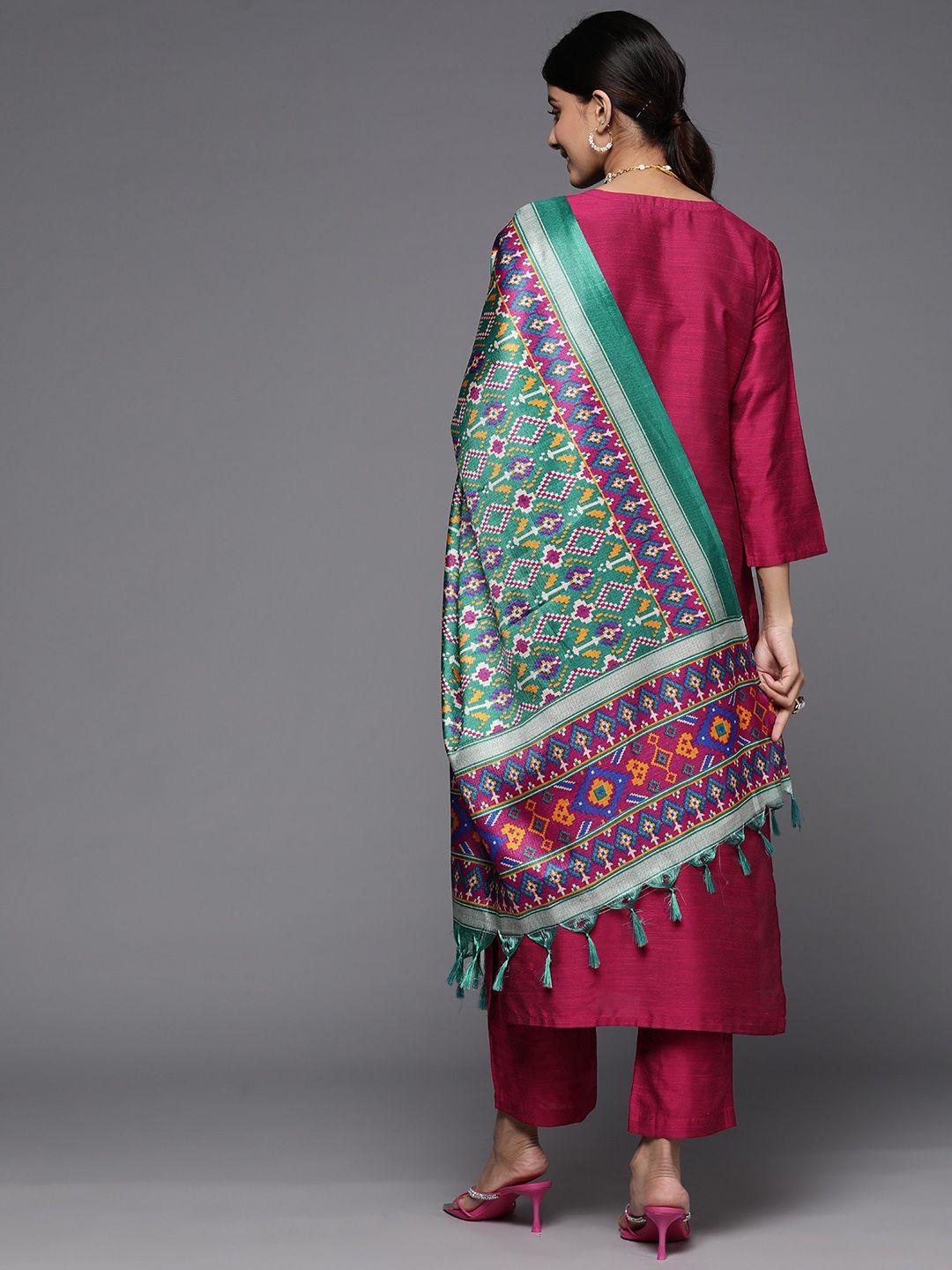 Indyancart VA Women'sEthnic Motifs Embroidered Dupion Silk Kurta With Trousers & With Dupatta