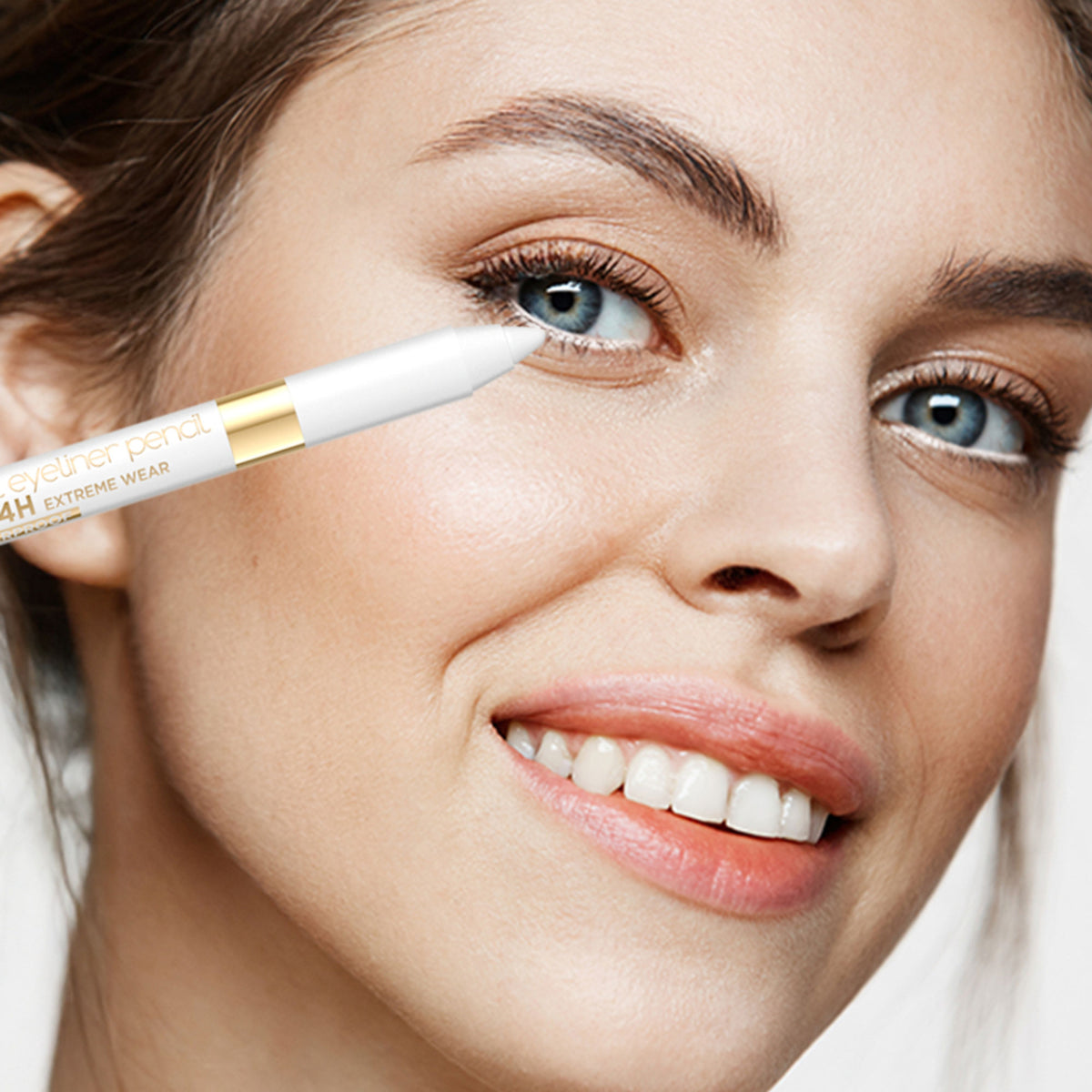 Eveline Cosmetics Variete Gel Eyeliner Pencil in 08 White, showcasing the white gel eyeliner pencil with a sharp tip and packaging.