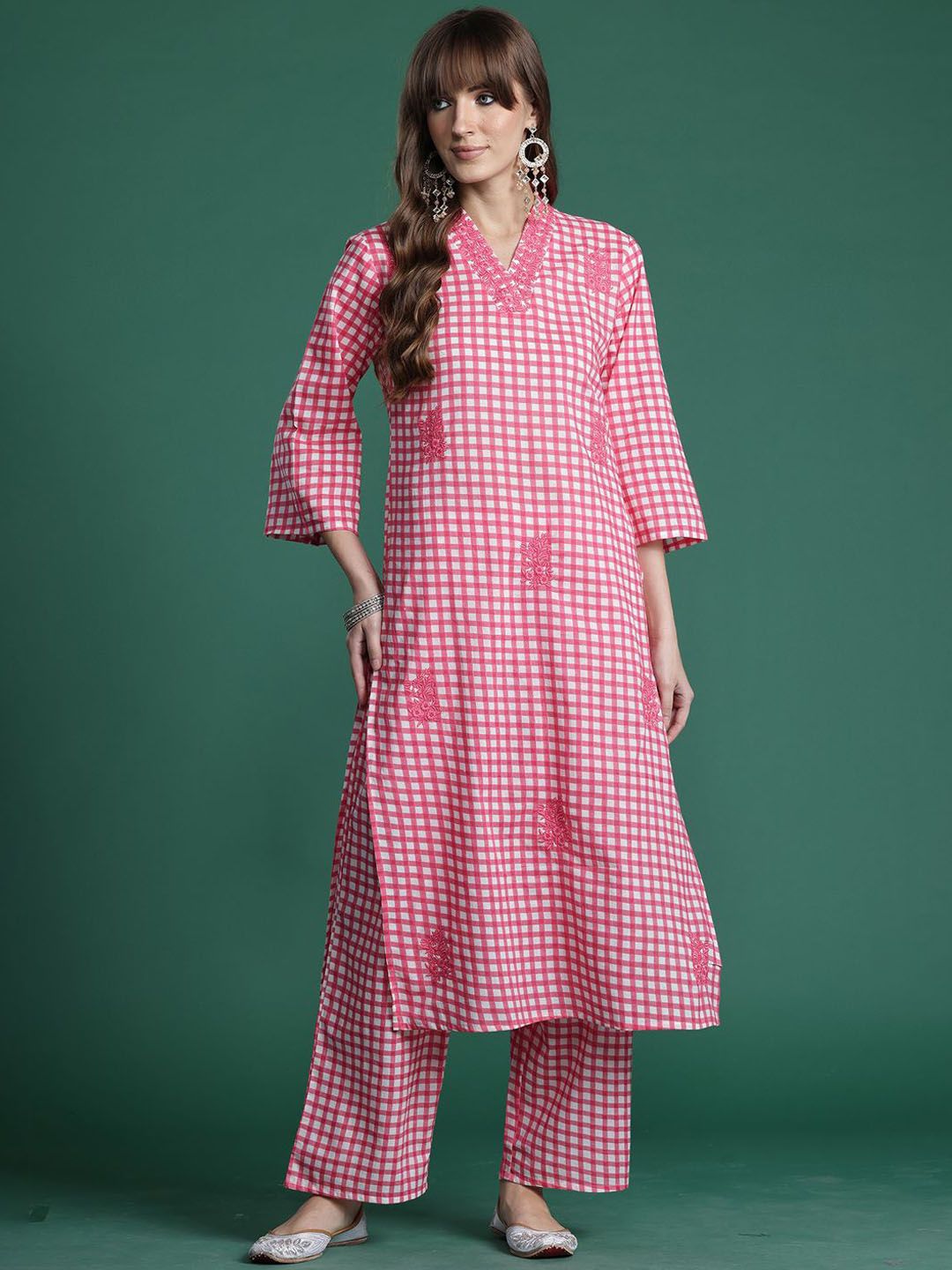 Dhiyona IE Embroidered Checked Pure Cotton V-Neck Straight Top With Trousers Co-Ords