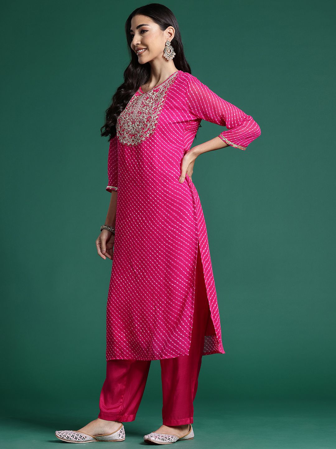 Indyancart IE Leheriya Printed Zari Kurta With Trousers & Dupatta
