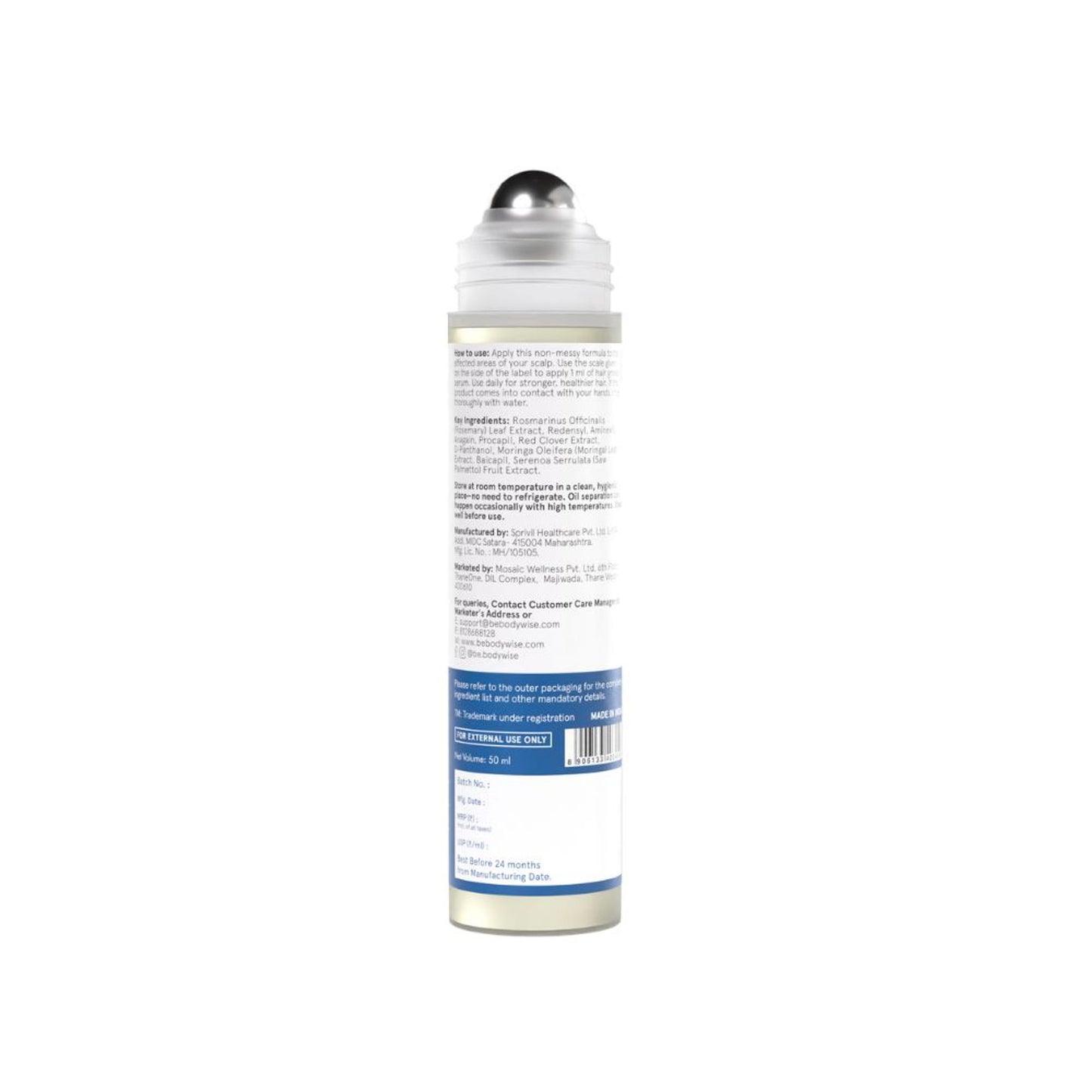Be Bodywise Hair Growth Serum Roll On - 3% Rosemary, 3% Redensyl & 2% Aminexil For New Hair Growth