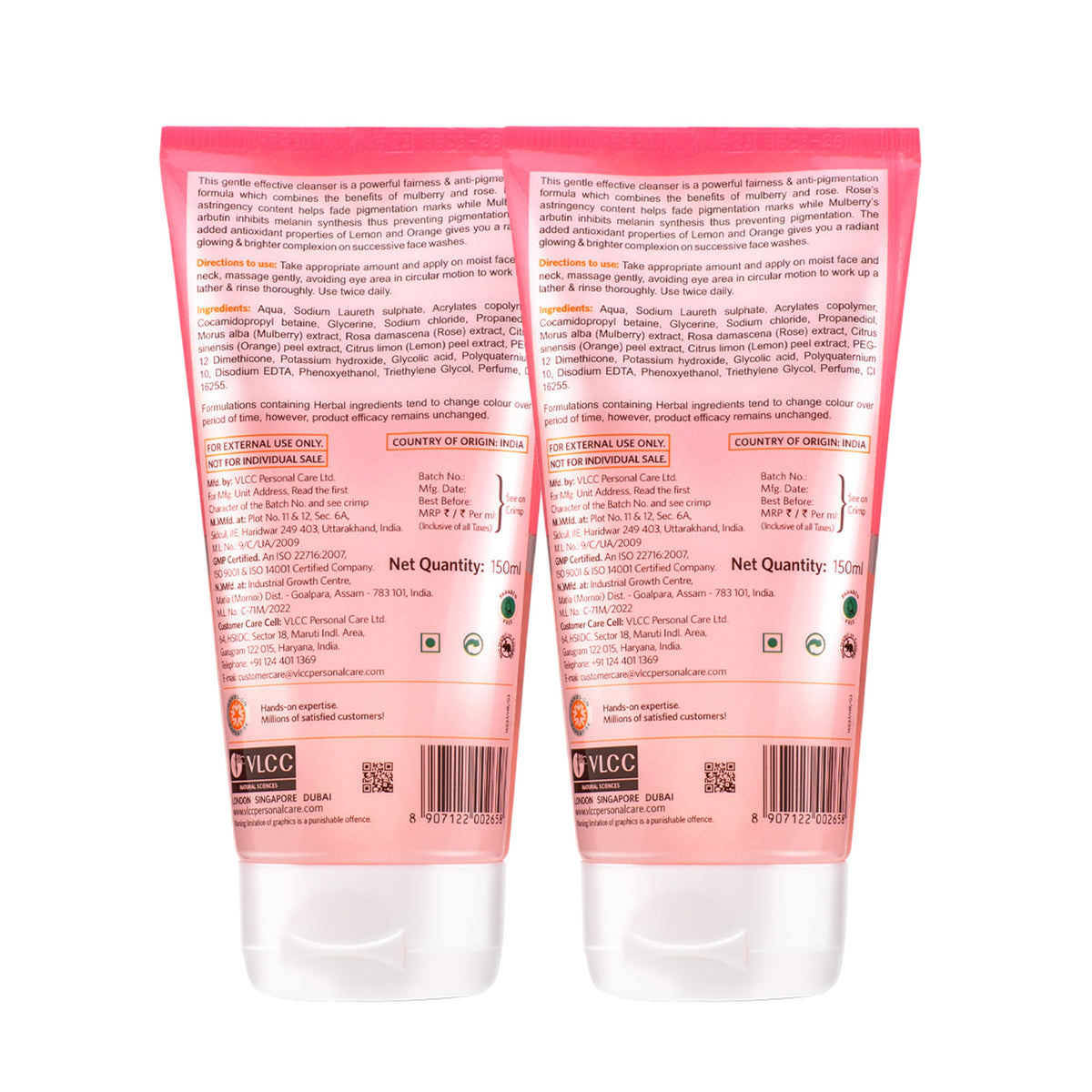 VLCC Mulberry & Rose Facewash - 2x150 ml - Buy One Get One - Fairness & Cleansing