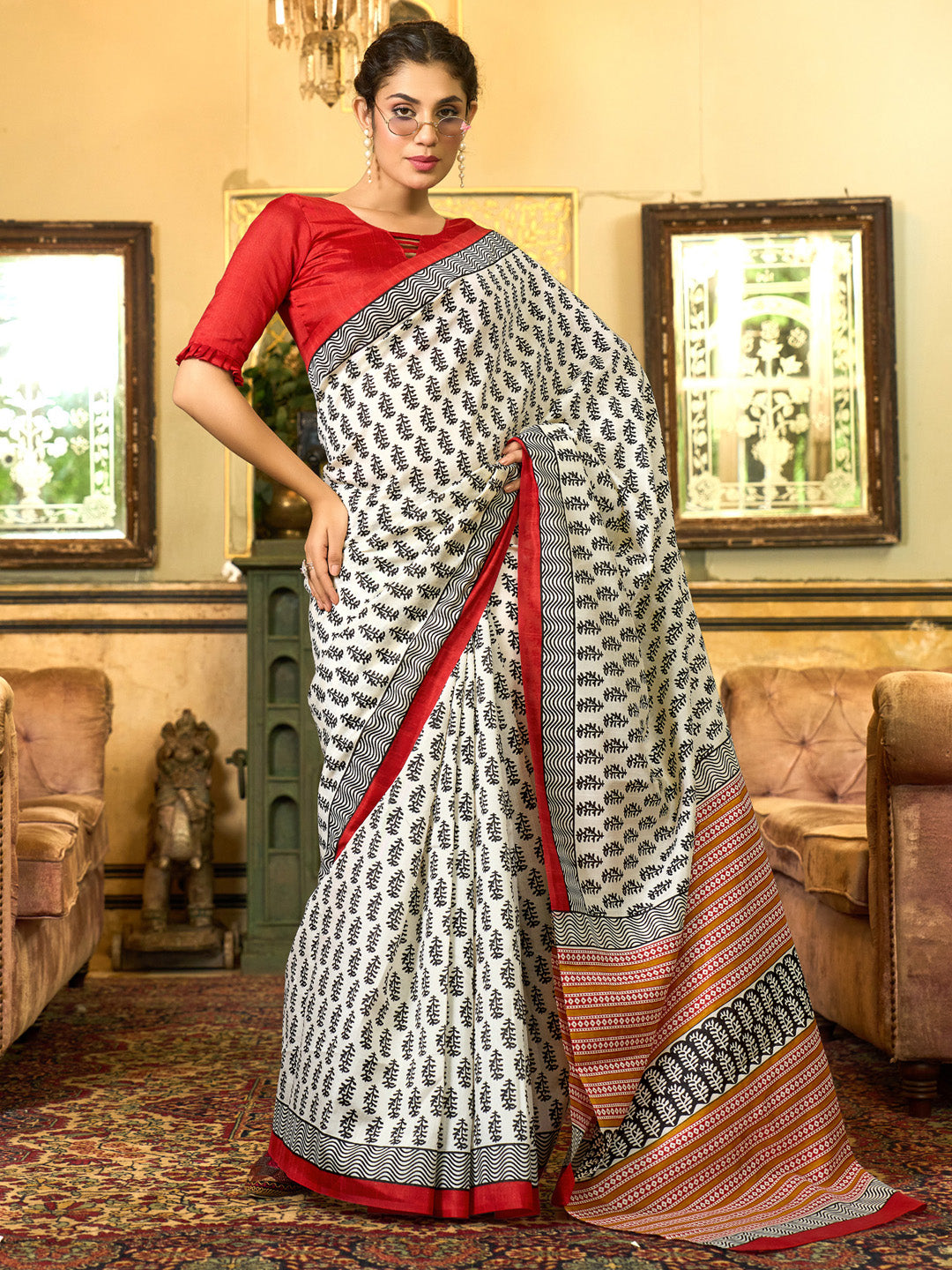 Women's Bhagalpuri Silk Red Printed Designer Saree With Blouse Piece