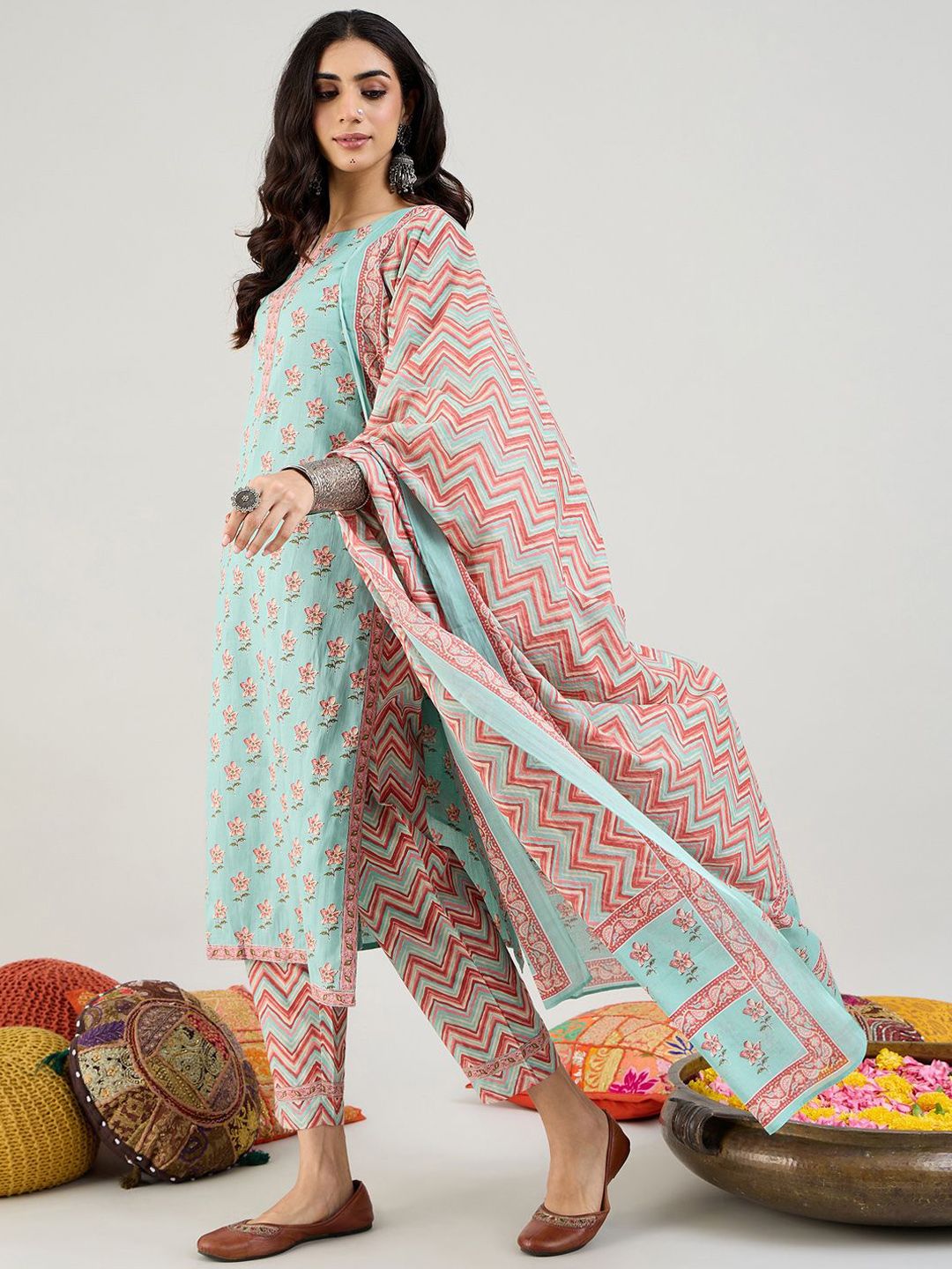 Indyancart IE Blue Floral Printed Notch Neck Pure Cotton Straight Kurta with Trousers & Dupatta