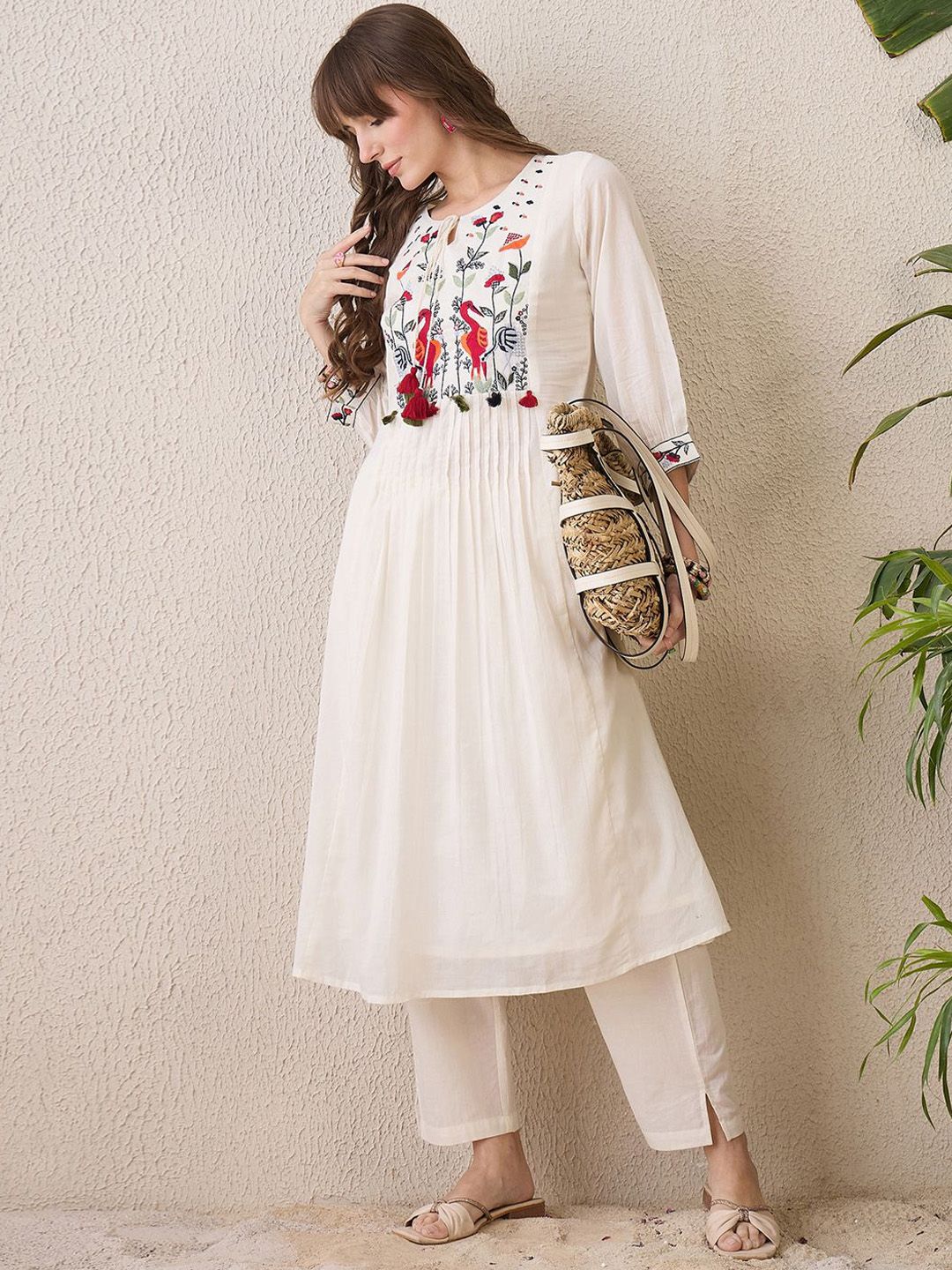 Indyancart IE Floral Yoke Design Tie-Up Neck Thread Work Pure Cotton A-Line Kurta With Trouser