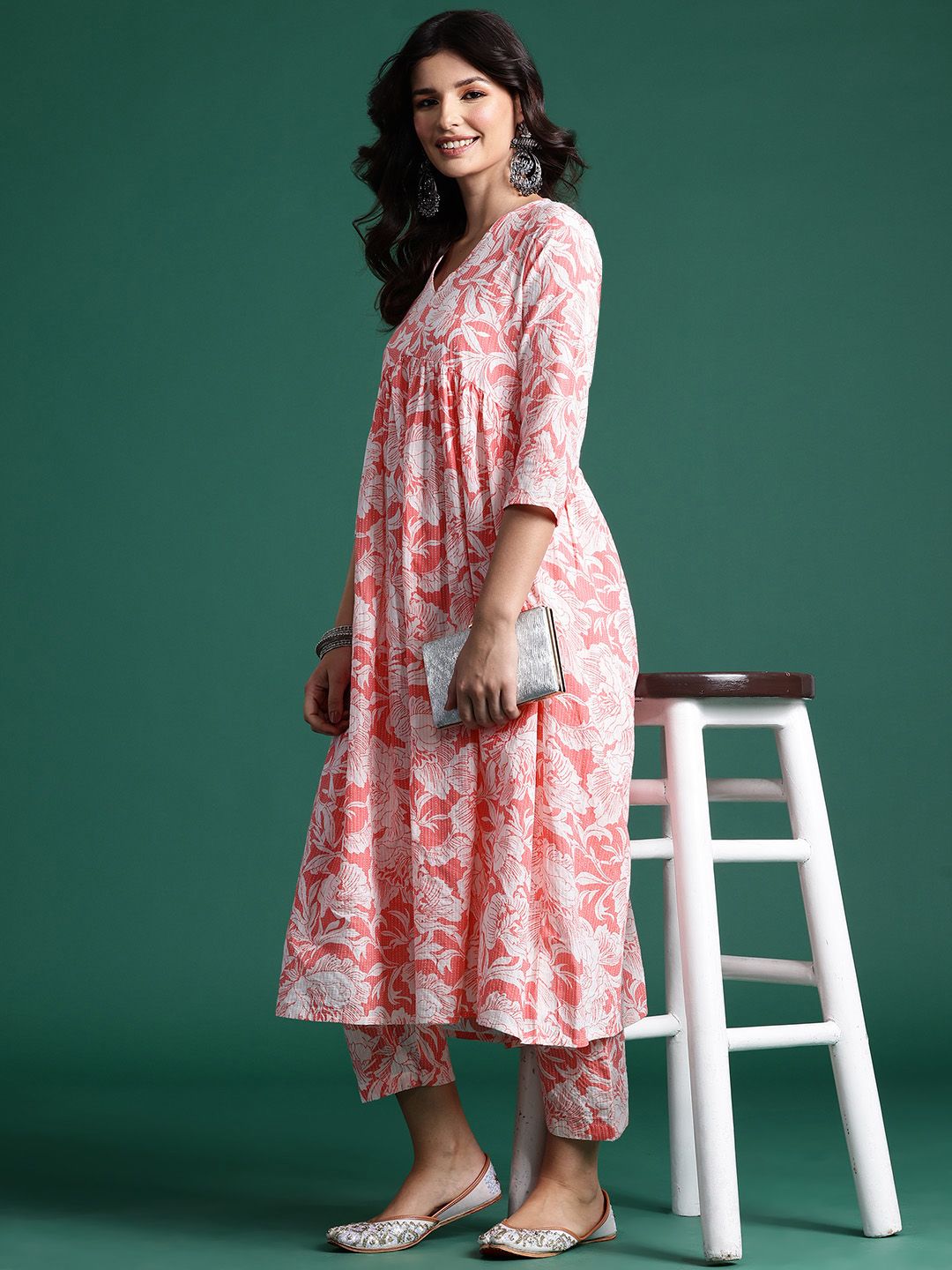 Indyancart IE Floral Printed Empire Kantha Work Pure Cotton Kurta with Trousers