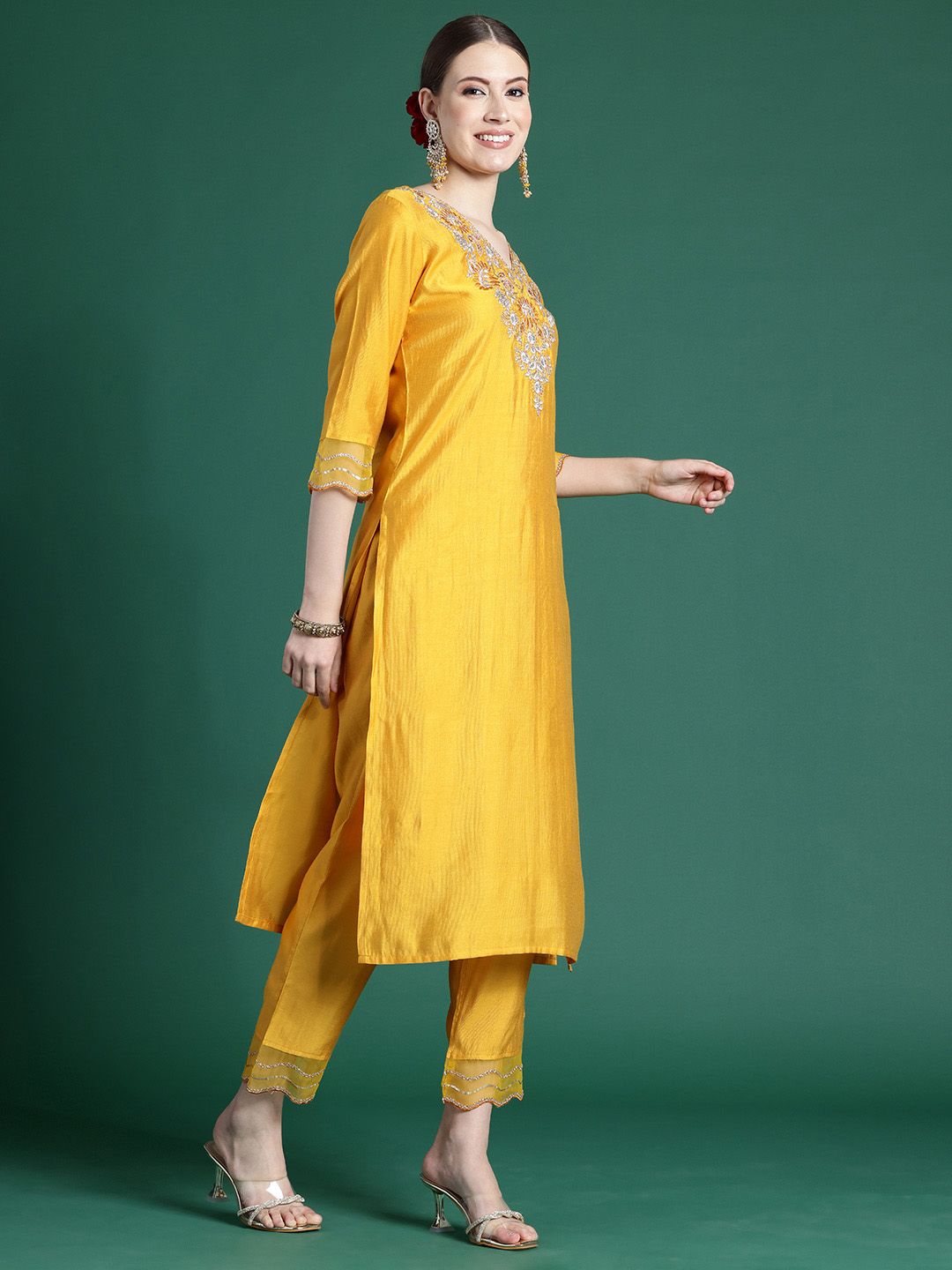 Indyancart IE Floral Embroidered Thread Work Liva Kurta With Trousers & Dupatta
