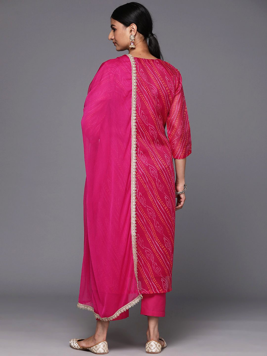 Indyancart VA Women's Fuchsia Bandhani Printed Regular Gotta Patti Kurta with Trousers & With Dupatta