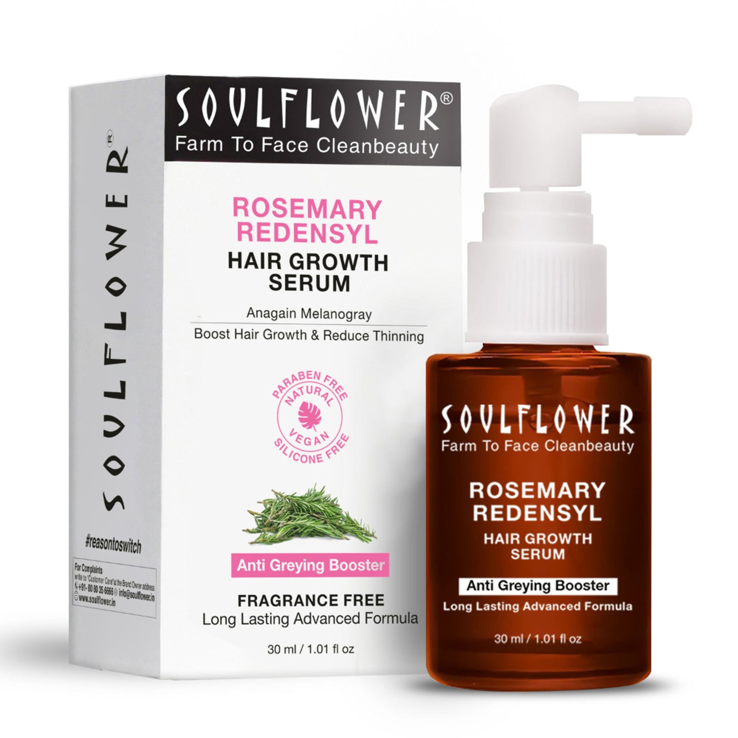 Soulflower Hair Growth Serum - Redensyl, Rosemary, Melanogray, Anagain - Anti Greying Booster