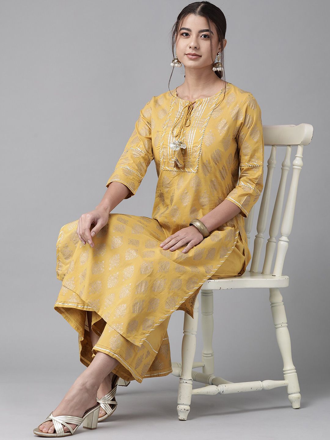 Indyancart IE Women Ethnic Motifs Printed Regular Gotta Patti Pure Cotton Kurta With Sharara