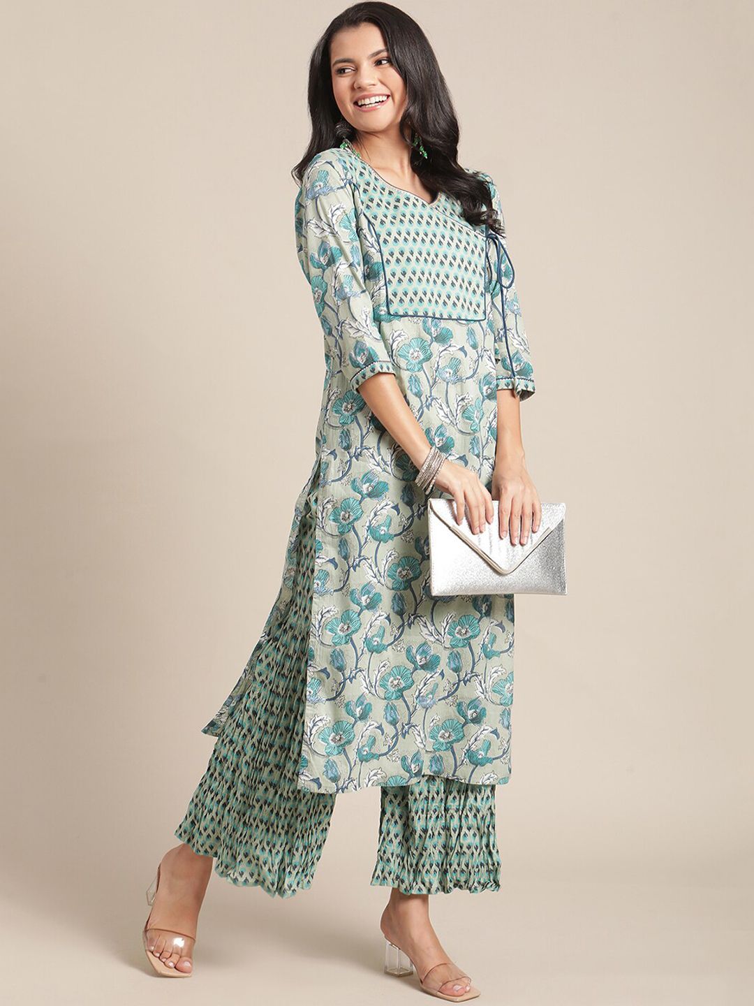 Indyancart VA Women's Turquoise Blue Floral Printed Regular Pure Cotton Kurta with Palazzos
