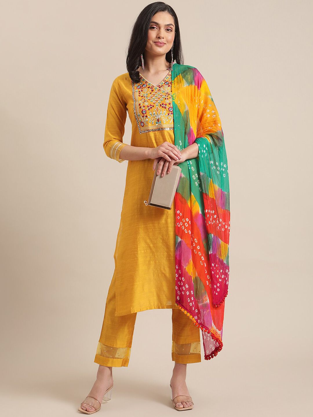 Indyancart VA Women's Mustard Yellow Floral Embroidered Empire Thread Work Kurta with Trousers & With Dupatta