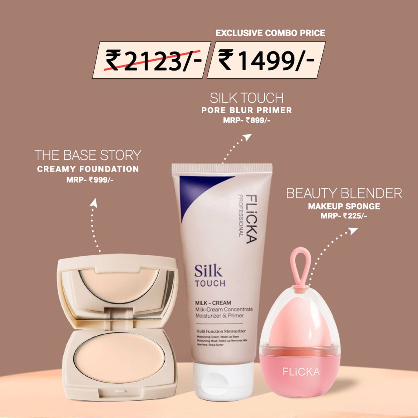 FLiCKA Combo Base Story Cream Foundation Ivory + Silk Touch Primer + Beauty Blender Sponge w/Case