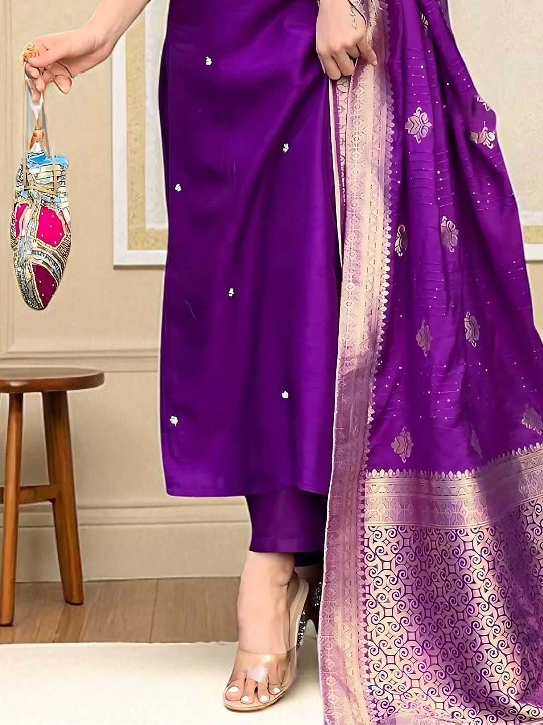 Indyancart SN Women's Floral Embroidered Cotton Kurta with Trousers & Dupatta