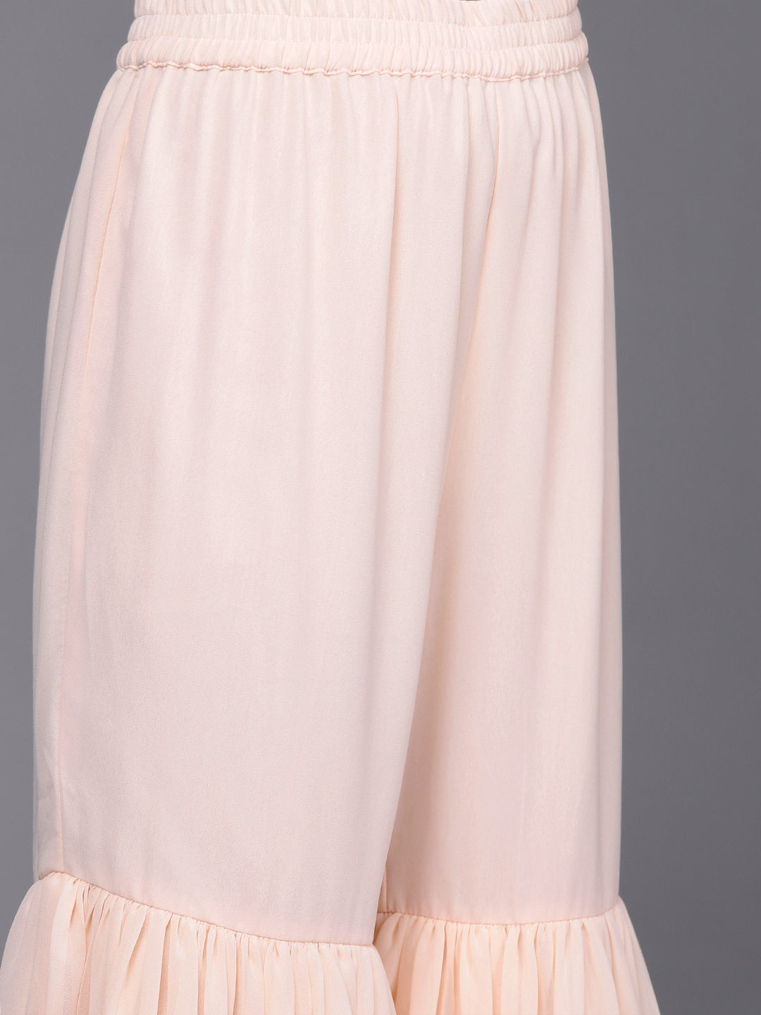Indyancart VR Women's Peach Embroidered Kurta Paired With Tonal Sharara And Dupatta