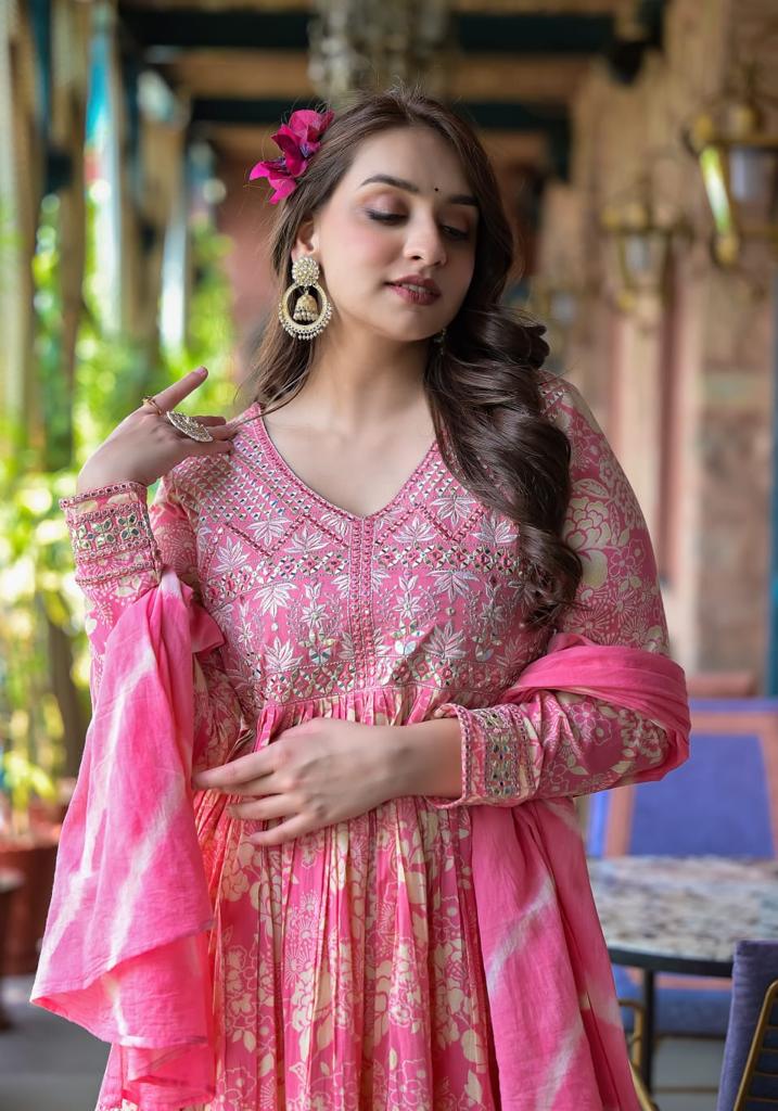 Indyancart VR Women's Pink Floral Printed Mirror Work Anarkali Kurta With Sharara And Dupatta