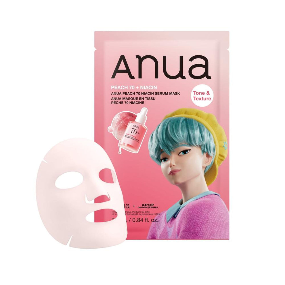 Anua Peach 70 Niacin Serum Face Mask from K-Pop Demon Hunters Special Edition, featuring peach-themed packaging and serum application