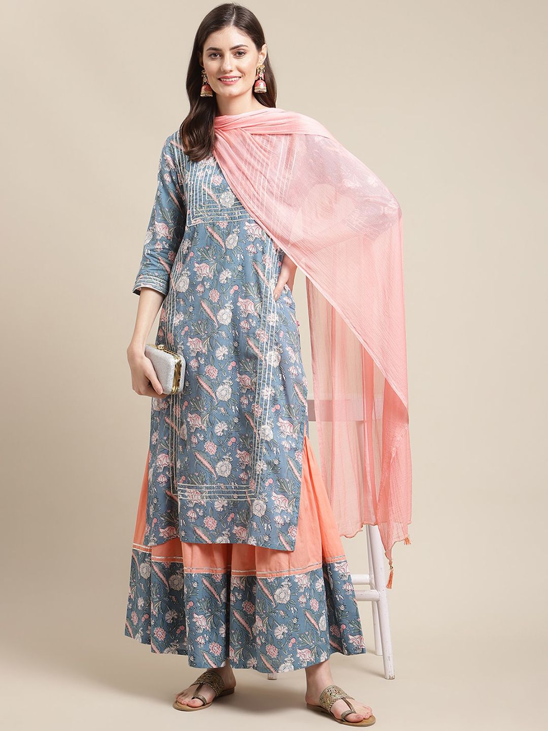 Indyancart VA Women's Blue Floral Printed Gotta Patti Kurta with Sharara & With Dupatta