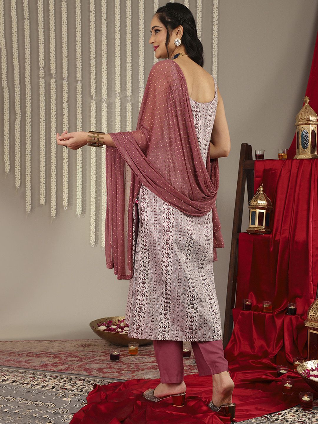 Indyancart VA Women'sMauve Ethnic Motifs Woven Design Kurta with Trousers & Dupatta