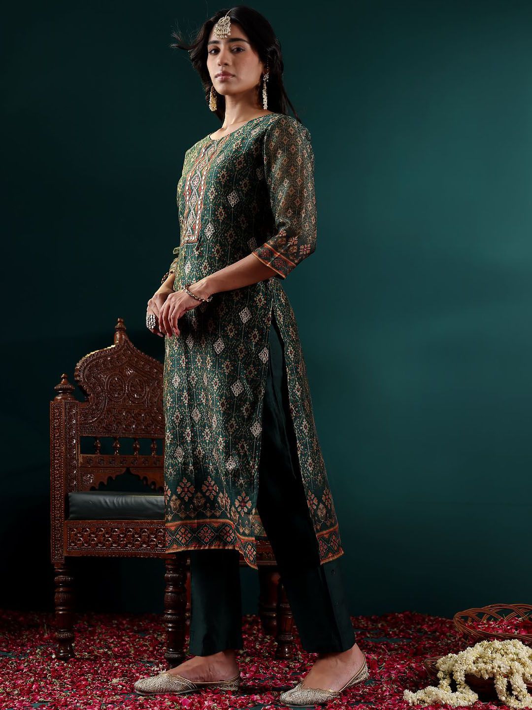 Indyancart VA Women's Ethnic Motifs Embroidered Regular Chanderi Silk Kurta with Trousers & With Dupatta